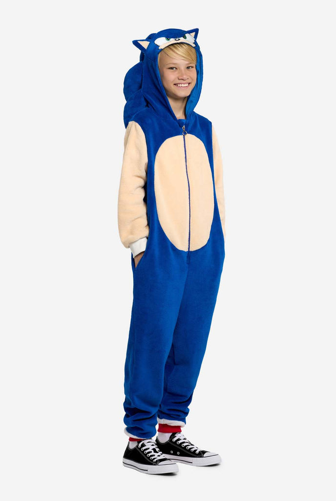 Boy wearing blue Sonic the Hedgehog Kids Onesie