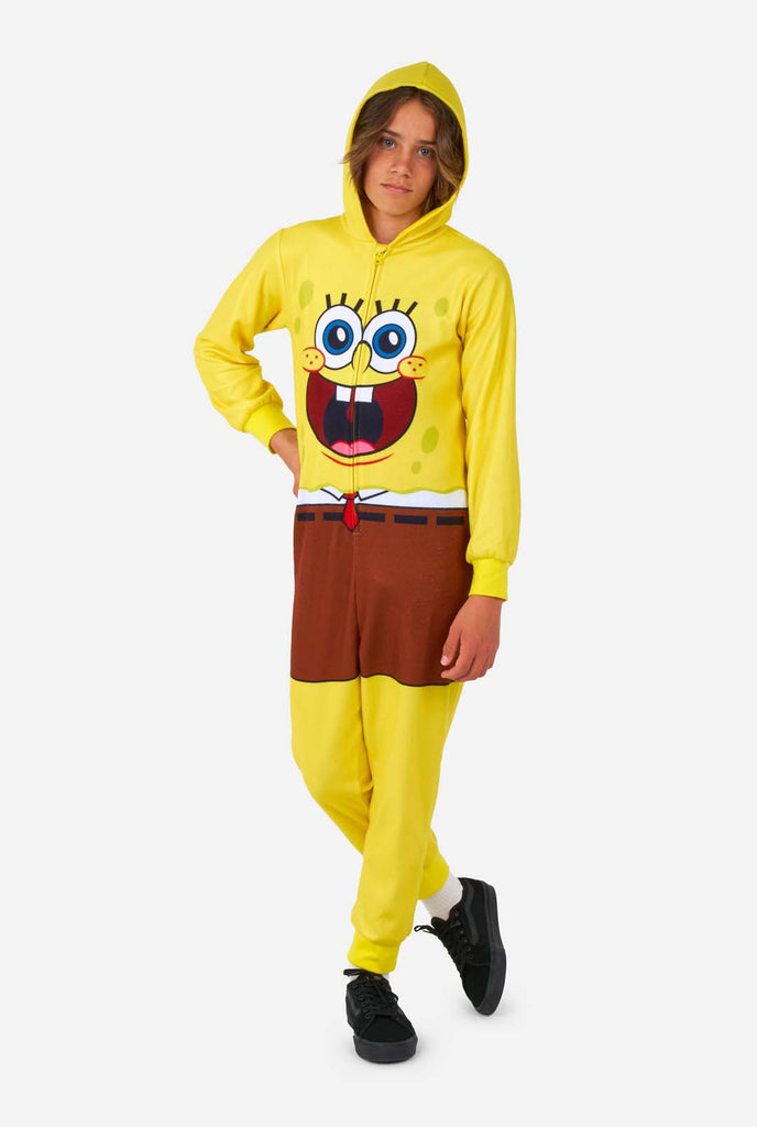 Kid wearing Spongebob onesie