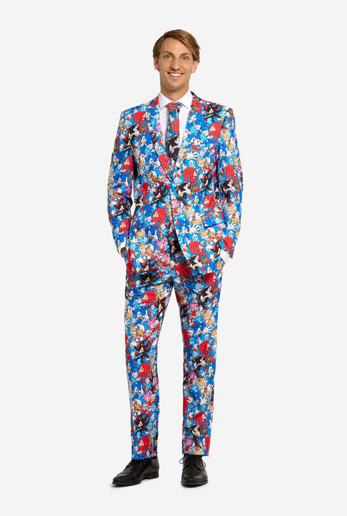 Man wearing colorful mens suit with Sonic the Hedgehog print