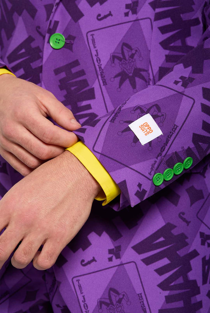 The Joker purple men's suit and yellow shirt worn by man, close up