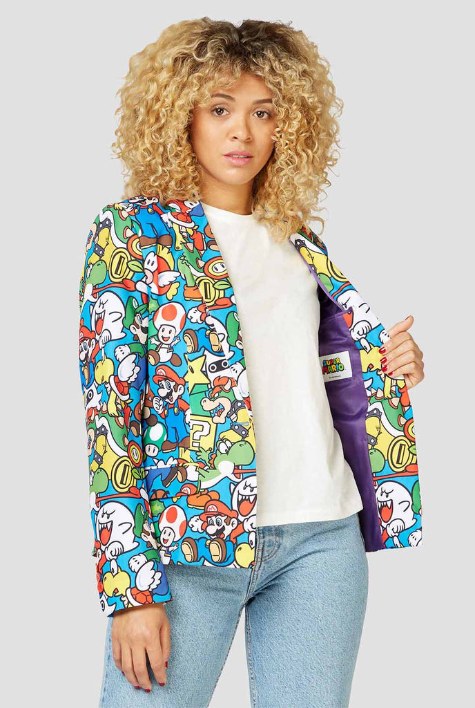 Woman wearing blazer with Super Mario print