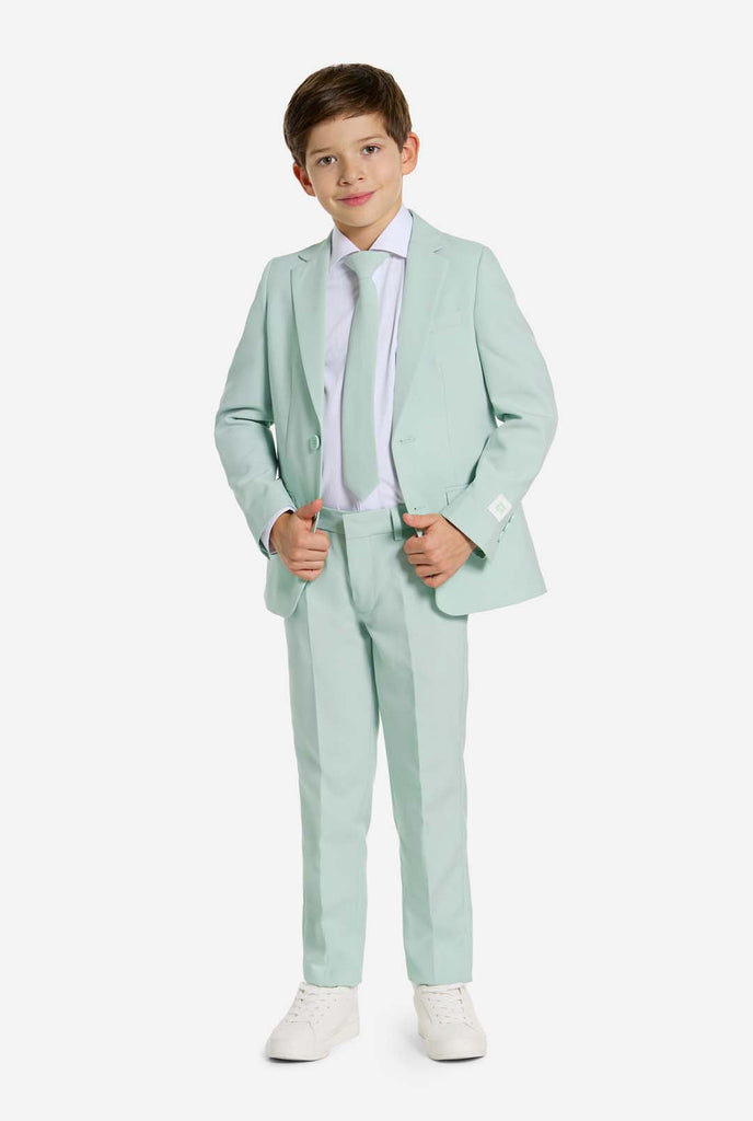 Kid wearing mint green boys suit.