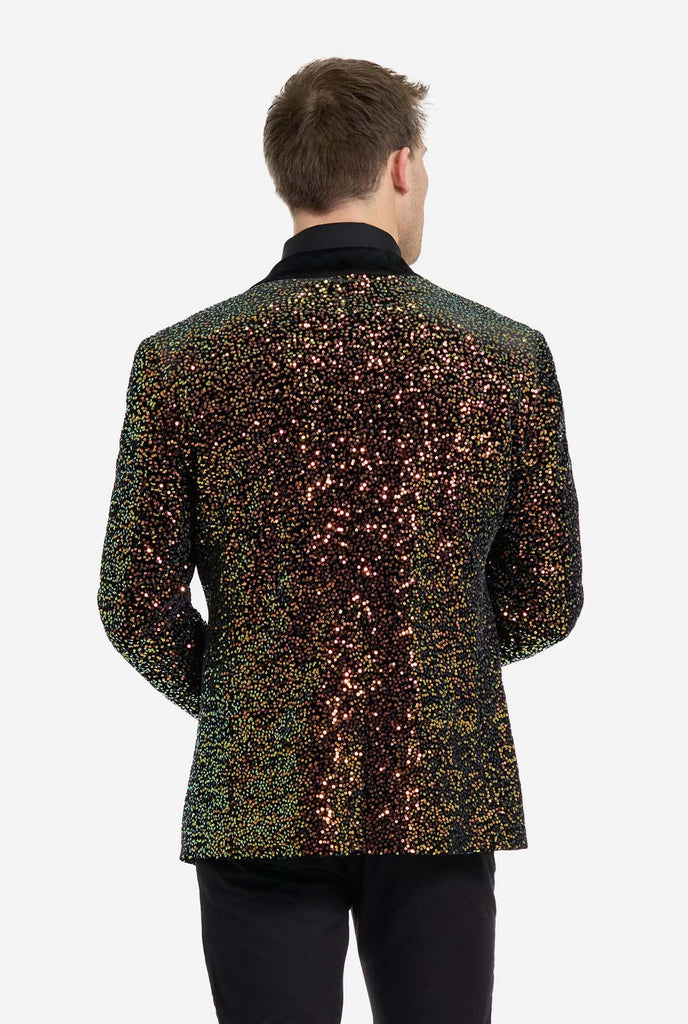 Man wearing blazer covered in with shimmering amber-colored sequins that reflect light in various shades of gold, copper, and green., view from the back.