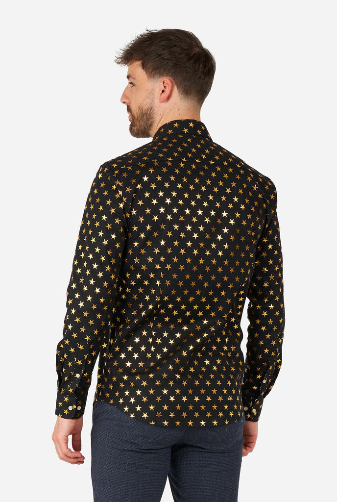 This image showcases a stylish men's dress shirt from OppoSuits, designed with a black base adorned with an eye-catching gold star pattern. The shirt has a sleek and contemporary fit, perfect for those who want to add a touch of flair to their wardrobe. Ideal for festive occasions, parties, or making a bold statement, this shirt combines elegance with a unique, playful twist.  
 View from the back