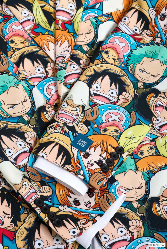 Men's suit with all over One piece print with One Piece characters, close up.