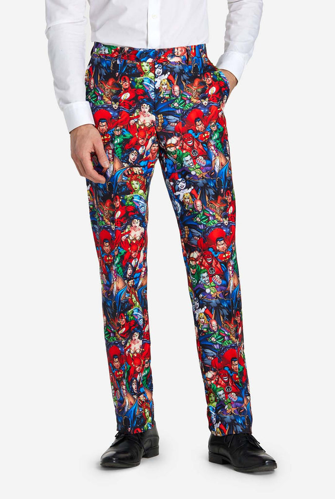 Man wearing mens suit with DC Super Heroes print, pants close up