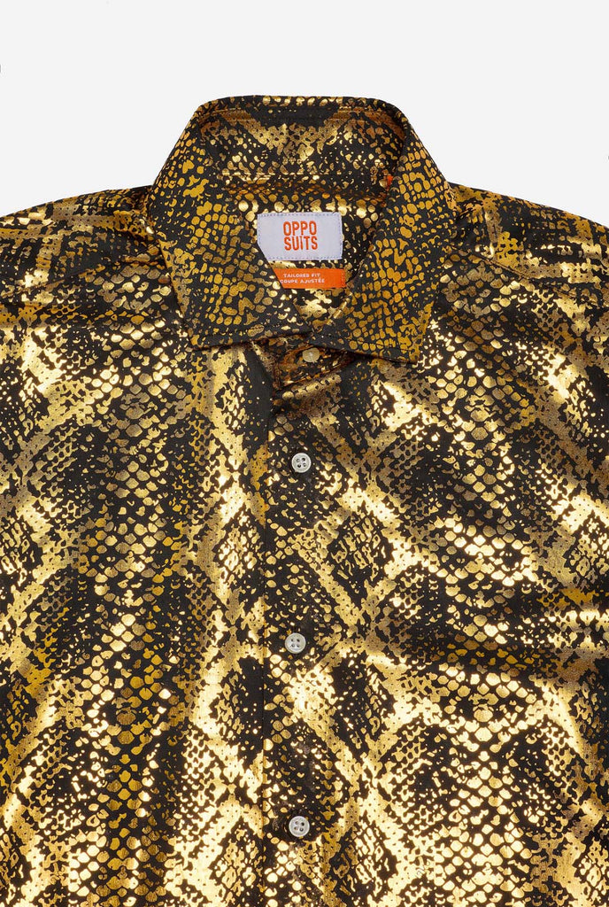 Shirt with golden foil snake skin print, close up