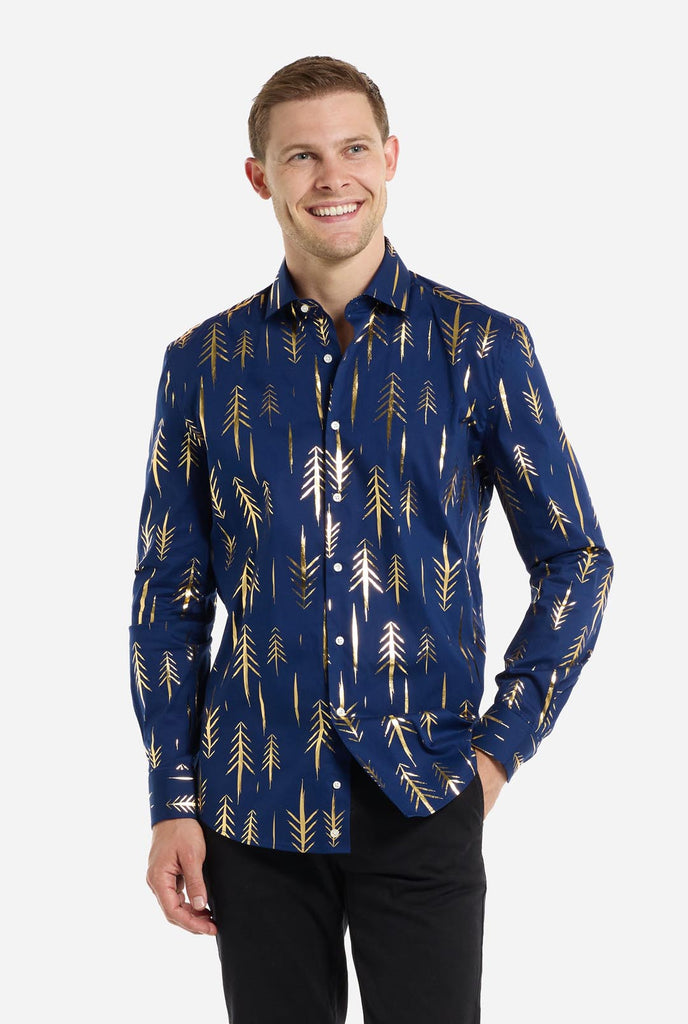 This image features a men’s dress shirt from OppoSuits in a deep navy blue color with an elegant, metallic gold tree pattern. The shirt has a modern slim fit, perfect for adding a festive or stylish touch to any wardrobe. The metallic gold details catch the light, giving it a striking look that's ideal for holiday parties, night outs, or unique gatherings. A perfect shirt for anyone looking to make a fashionable statement with a touch of seasonal flair.