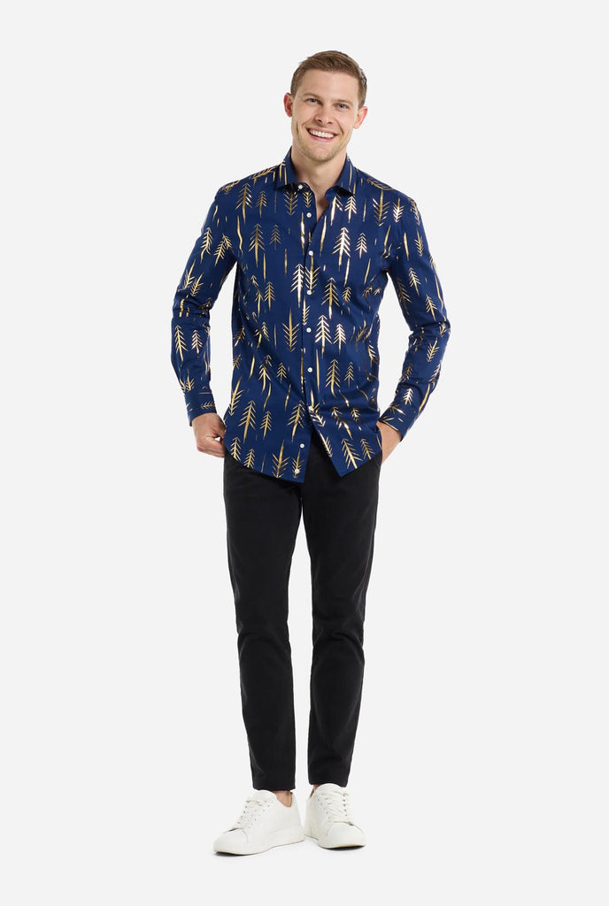 This image features a men’s dress shirt from OppoSuits in a deep navy blue color with an elegant, metallic gold tree pattern. The shirt has a modern slim fit, perfect for adding a festive or stylish touch to any wardrobe. The metallic gold details catch the light, giving it a striking look that's ideal for holiday parties, night outs, or unique gatherings. A perfect shirt for anyone looking to make a fashionable statement with a touch of seasonal flair.