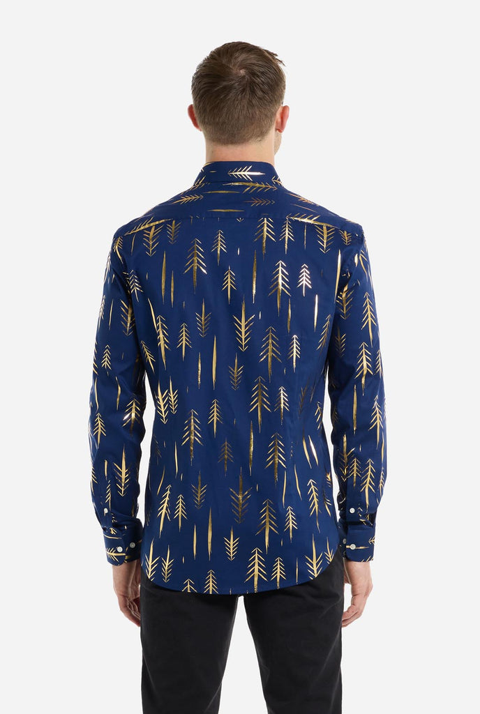 This image features a men’s dress shirt from OppoSuits in a deep navy blue color with an elegant, metallic gold tree pattern. The shirt has a modern slim fit, perfect for adding a festive or stylish touch to any wardrobe. The metallic gold details catch the light, giving it a striking look that's ideal for holiday parties, night outs, or unique gatherings. A perfect shirt for anyone looking to make a fashionable statement with a touch of seasonal flair.