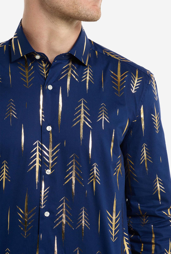 This image features a men’s dress shirt from OppoSuits in a deep navy blue color with an elegant, metallic gold tree pattern. The shirt has a modern slim fit, perfect for adding a festive or stylish touch to any wardrobe. The metallic gold details catch the light, giving it a striking look that's ideal for holiday parties, night outs, or unique gatherings. A perfect shirt for anyone looking to make a fashionable statement with a touch of seasonal flair.