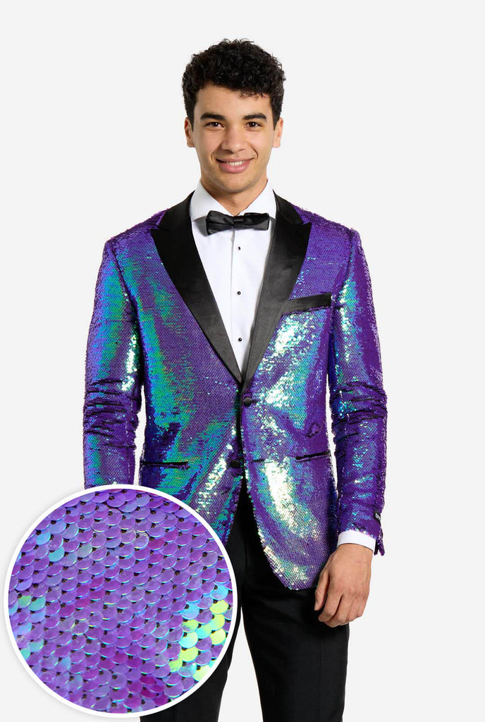 Men wearing tuxedo with blue sequins jacket