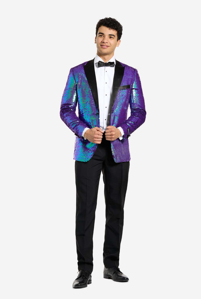 Men wearing tuxedo with blue sequins jacket