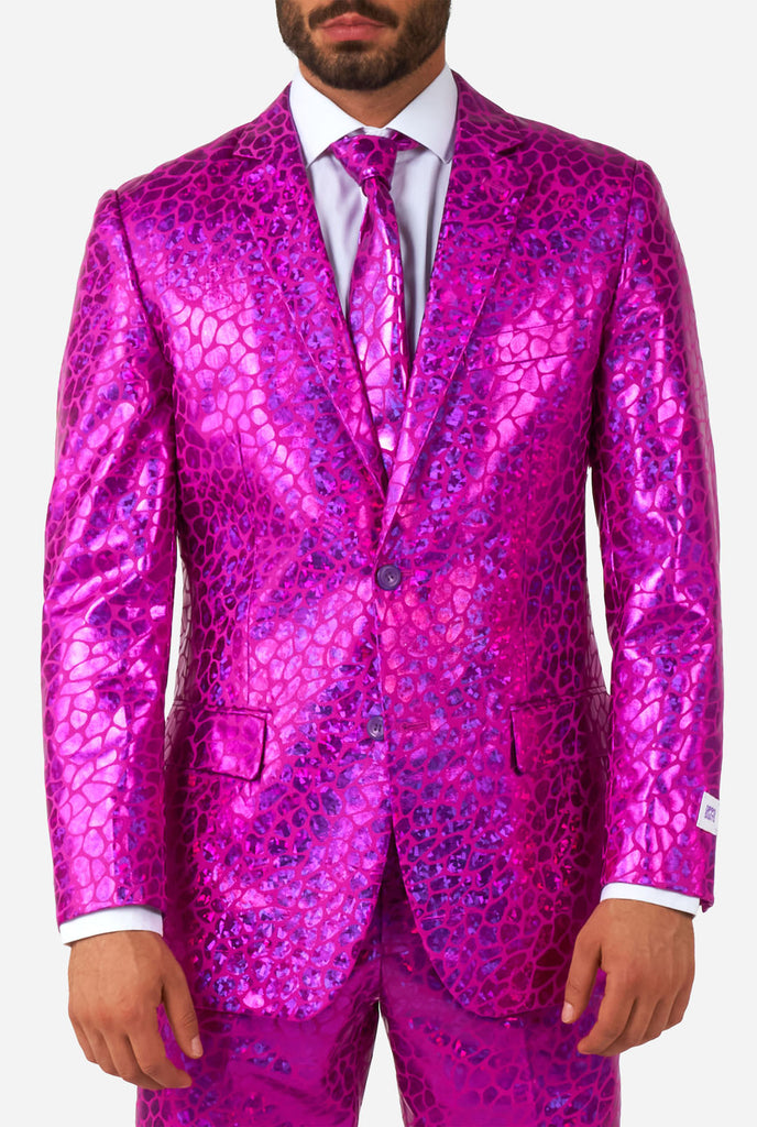 Man wearing shiny pink lizard skin men's suit, close up