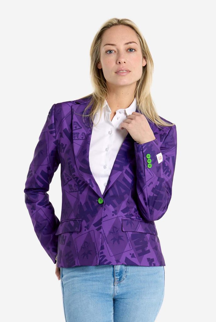 Woman wearing purple The Joker Themed womens blazer