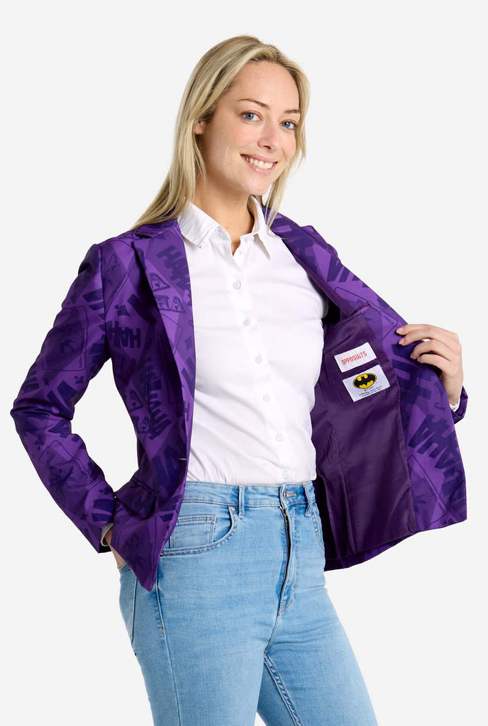 Woman wearing purple The Joker Themed womens blazer