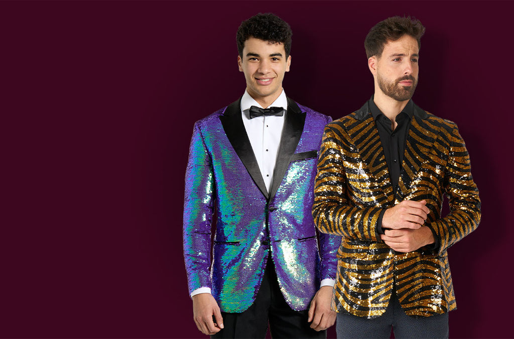 two men wearing sequin blazers