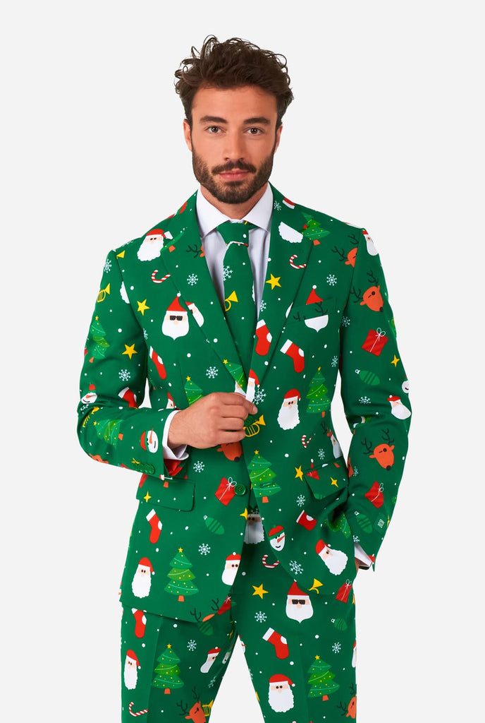 Video of Man wearing Festivity green Christmas suit for men with Christmas icons