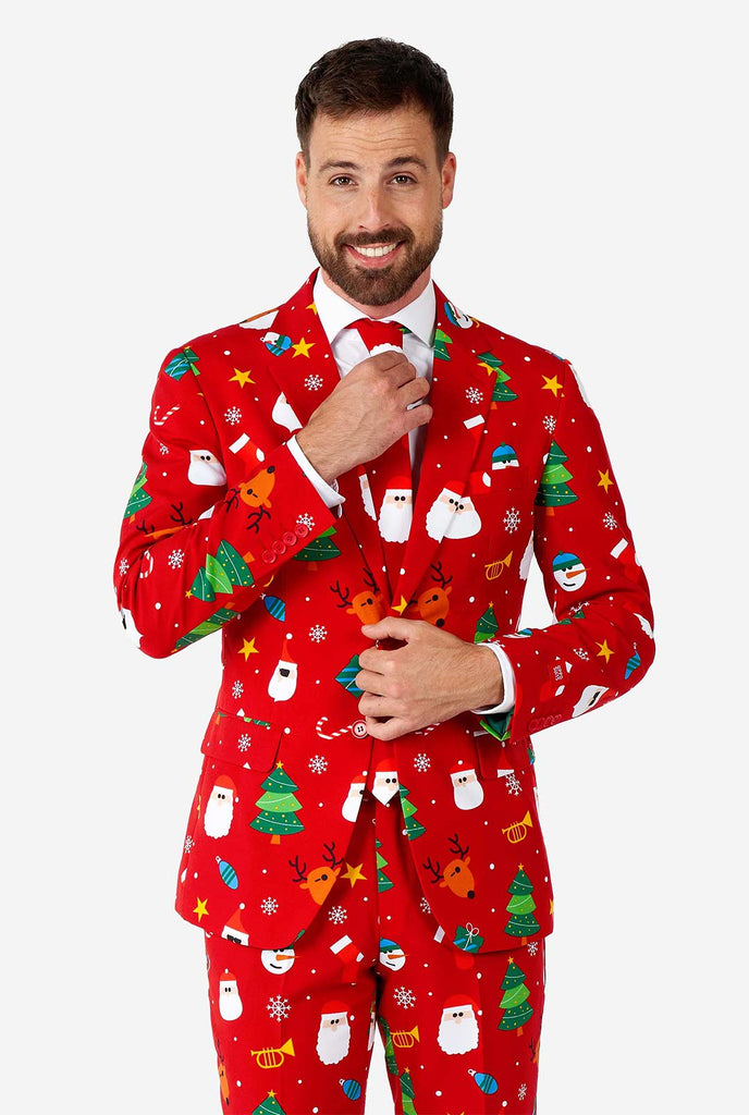 Video of Man wearing Festivity red Christmas suit