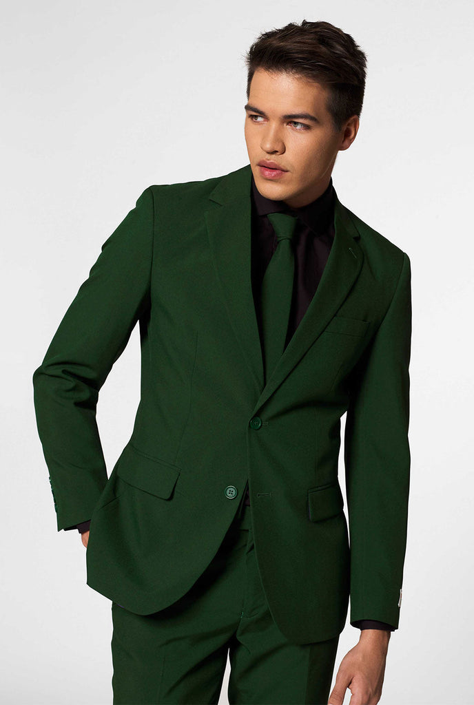 Video of Solid color dark green men's suit Glorious Green worn by man