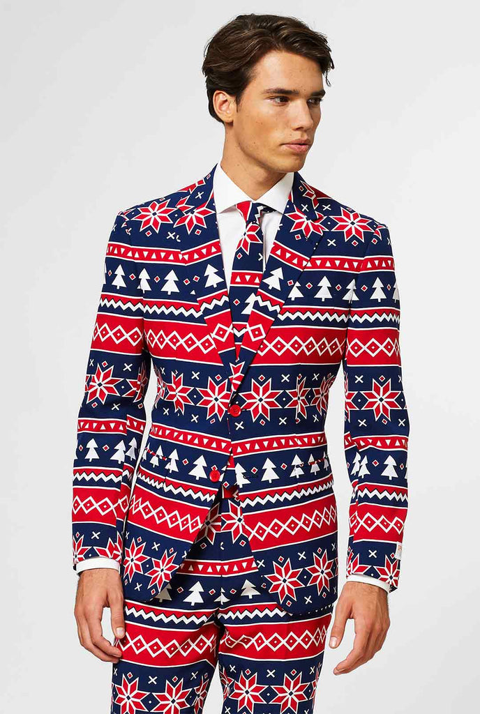 Video of Nordic themed Christmas men's suit worn by man