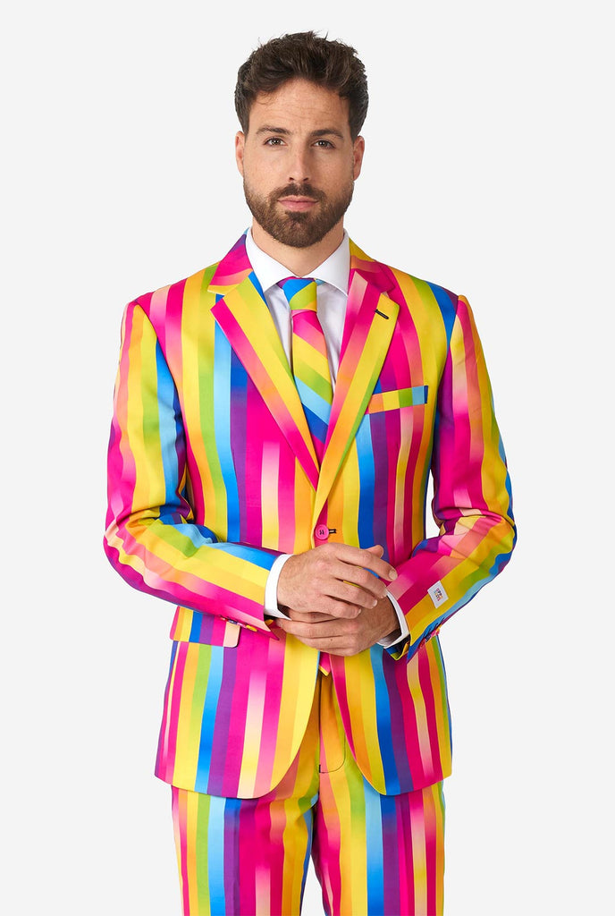 Vide of man wearing Rainbow Glaze rainbow-colored suit