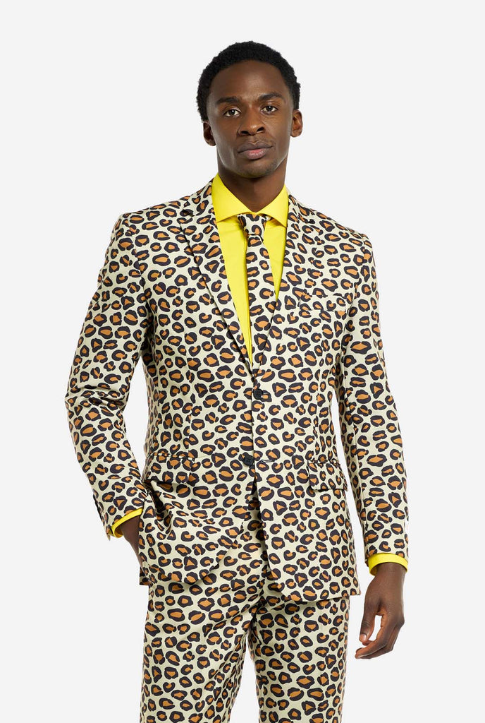 Video of a man wearing an OppoSuits The jag men's suit with panther print and men's shirt. Suit consist of pants, jacket and tie.