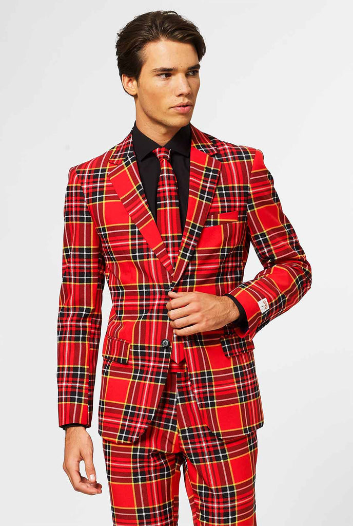 Video of man wearing The Lumberjack red Christmas tartan men's suit