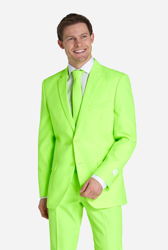 Video of man wearing neon lime green colored suit